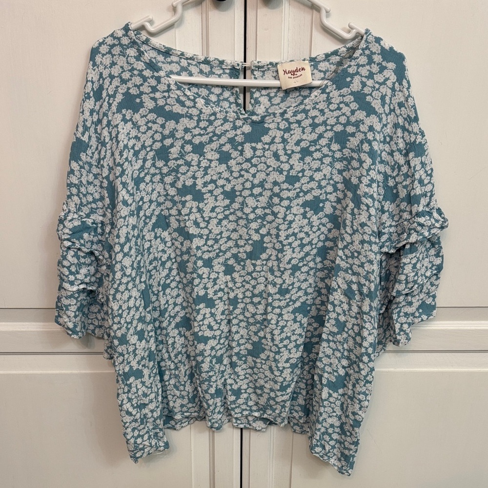 Hayden Teal Blue Floral Peasant Top. Cottagecore size 2XL